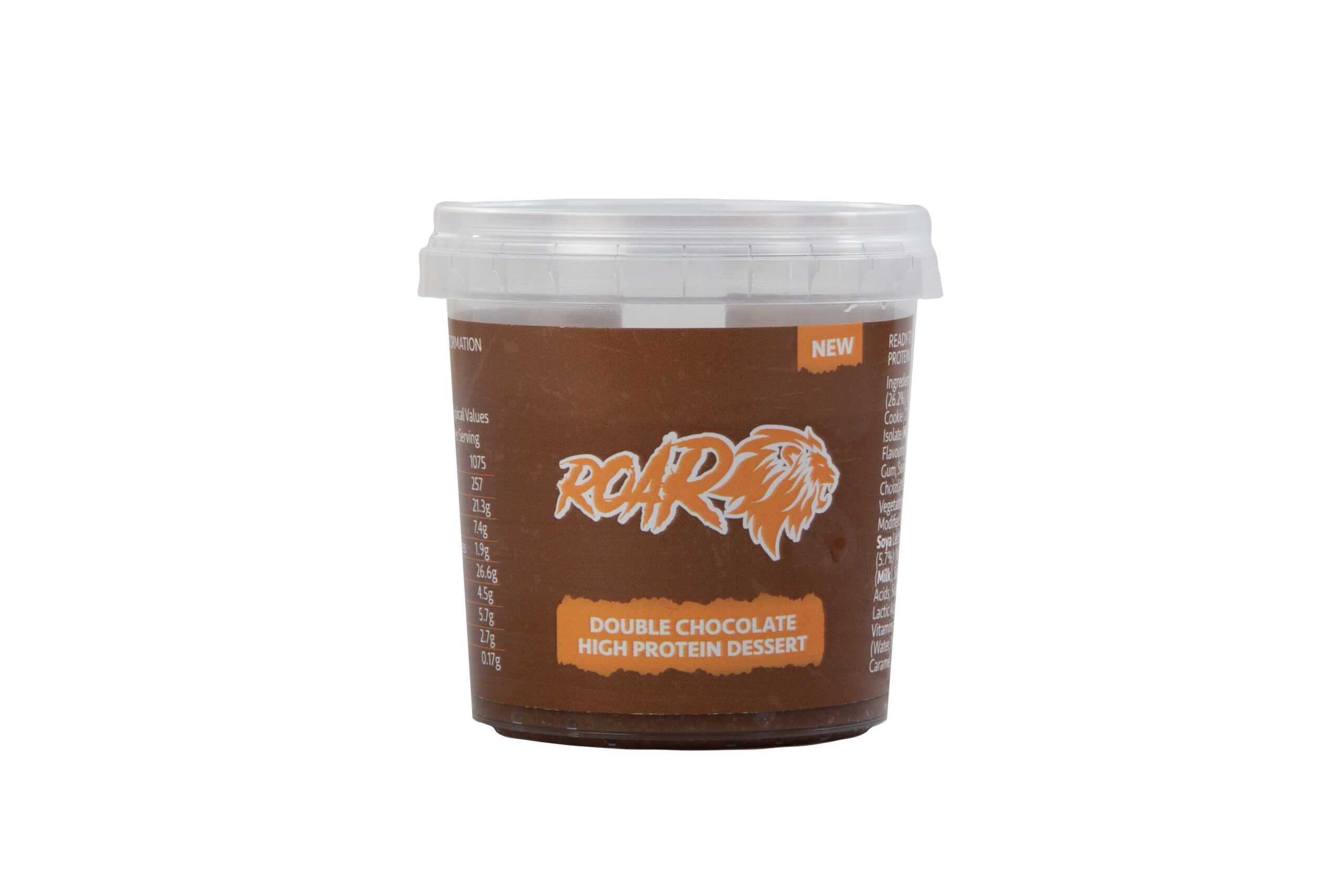 Single pot of ROAR chocolate protein dessert on a white background